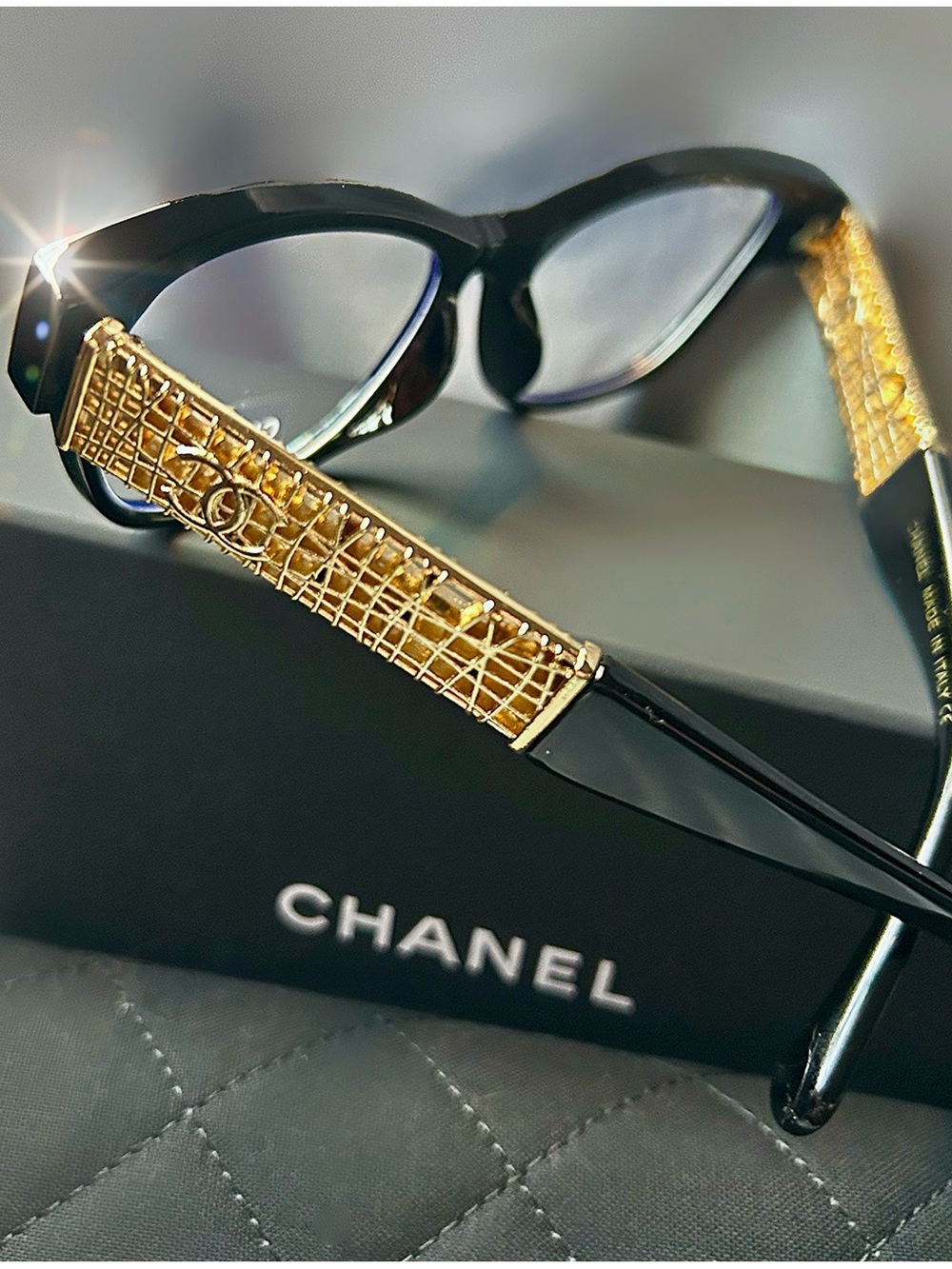 Blue light Protective CHANEL Black Frames with Gold Mesh Temple Sunglasses